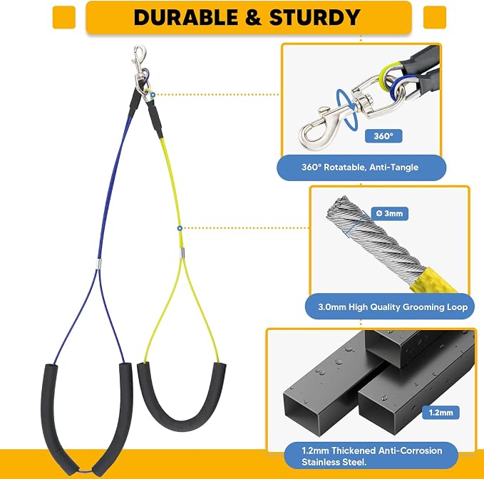 Adjustable Dog Grooming Arms for Small Medium Dogs | Anti-Slip Powerful Metal Clamp, Portable for Table, 1 Loop Noose, Two No Sit Haunch Holder, Grooming Restraint for Home