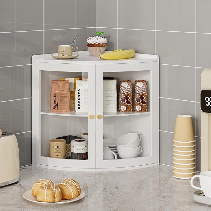 Trironsun Fan Shape Corner Bread Box for Kitchen Counter Double Layer Large Bread Storage Container with Acrylic Doors Farmhouse Wooden Bread Box Organizer for Homemade Bread (White)