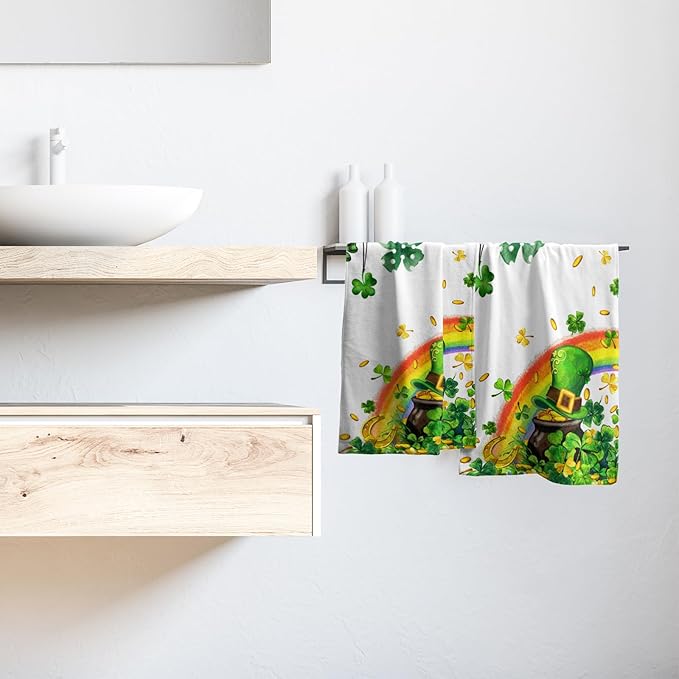 Giwawa Patrick Decorative Hand Towels- Lucky Clover Elf Hat Rainbow Towel Set of 2- Spring Shamrocks Leaf Face Towel Absorbent Dish Wash Cloth for Hotel Bathroom Gym Guest Home Holiday