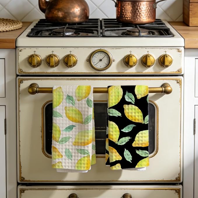 Lemon Kitchen Towels, Quick Dry Multipurpose Waffle Weave Hand Towels for Bathroom, Absorbent Reusable Cloth Tea Dish Towels for Home Decor, Lemon Lover Gift White and Black Background Towel Set of 2