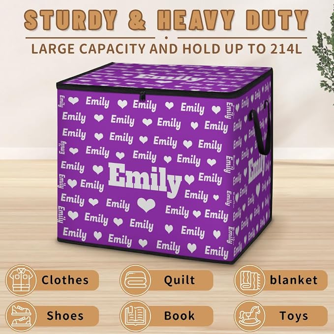 Custom Name Storage Bin with Lid, Personalized Extra Large Dark Voilet Purple Background Love Hearts Storage Basket with Handles Zippers Organizing Comforters, Blankets, Bedding Closet Shelf Baskets