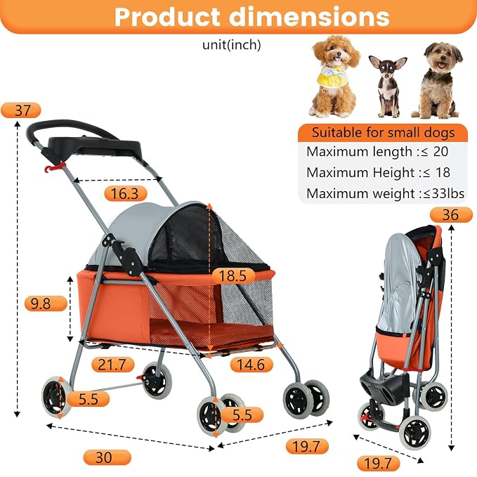 BestPet Foldable Pet Stroller for Small/Medium Dogs and Cats Up to 33 lbs | 4-Wheel Stroller Pet Strolling Cart w/ Breathable Mesh, Lockable Rear Wheels, Cup Holder/Tray & Storage Box, Orange