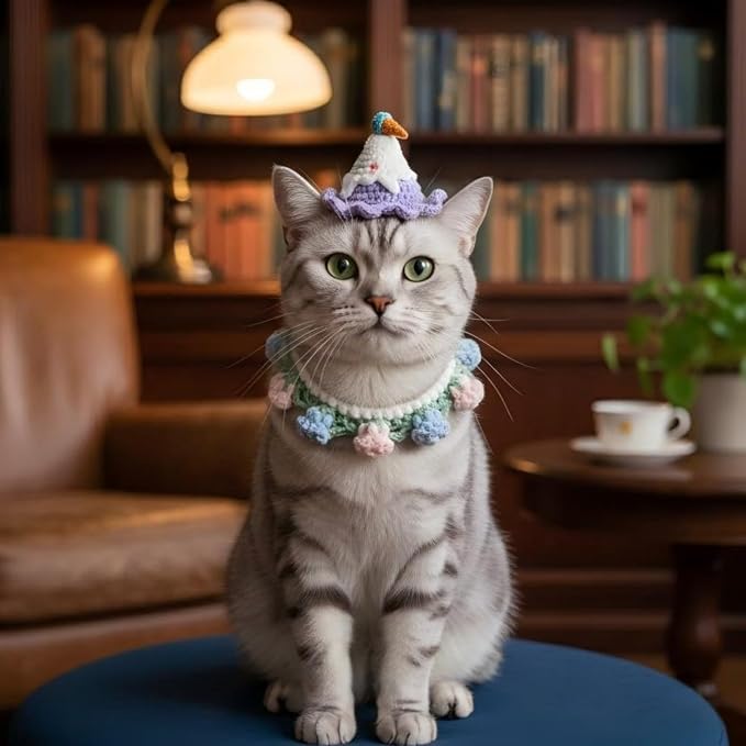 Handmade Knit Cat Birthday Outfit – Adjustable Birthday Dog Hat & Floral Wreath Scarf for Cats and Small to Medium Dogs, Cute Dog Costume for Party, Holiday, Daily Wear & Photos