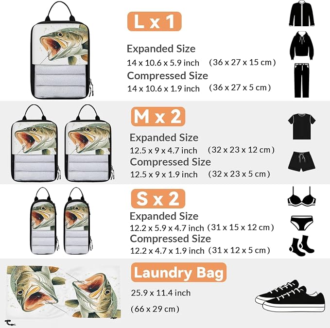 Fish 6 Set Compression Packing Cubes Funny Fishes Expandable Packing Organizer for Travel Accessories Luggage Suitcase Bag