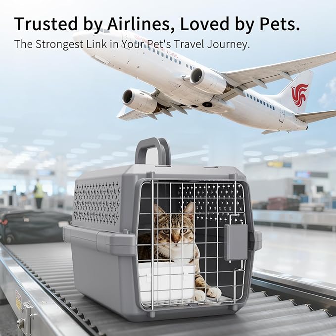 Airline-Approved Pet Carrier: Hard-Sided Crate for Cats & Dogs | Secure Metal Locking Door / Multi-Side Ventilation / Top Carry Handle / Lightweight Durable Shell / Includes Travel Bowl