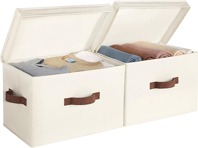 StorageWorks Fabric Storage Bins with Lids, Closet Storage Bins | Flip-Top Lid, 3 Handles, Collapsible, Stackable, for Clothes Blankets, Multi-Purpose, Large, Ivory White, 2-Pack