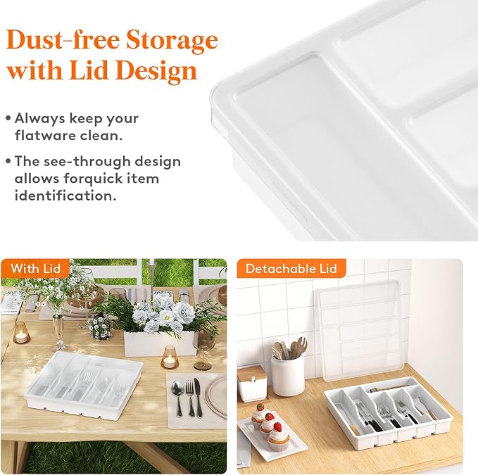 Lifewit Silverware Organizer with Lid, Covered Utensil Tray, 12.6x11.8 | Plastic Cutlery Storage Box for Kitchen Drawer and Countertop, Flatware Case Holder for Spoons Forks Knives, White