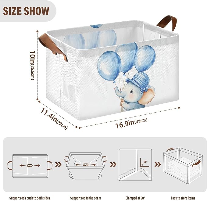 Cute Baby Elephant with Blue Balloon Storage Basket with Labels&Handles Rectangular Waterproof Nursery Storage Bins Collapsible Shelf Organizer Baskets for Kids Books Cloth Gift Basket Toys Laundry