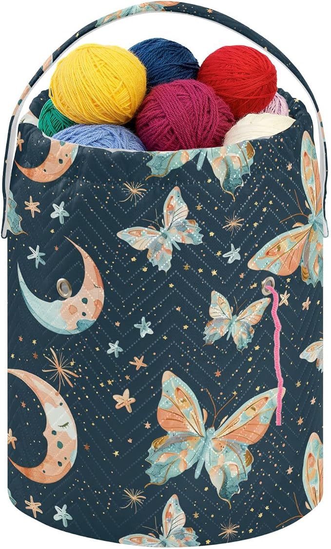 Fustylead Watercolor Hand Draw Butterflies and Moon Stars Yarn Crochet Tote Basket, Large Knitting Drawstring Organizer Yarn Storage Bag for Crocheting Project, Sewing Supplies, Yarn Balls, Needles