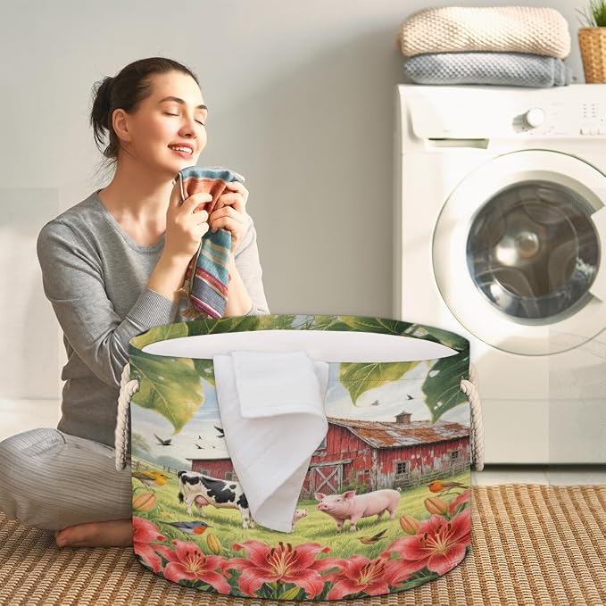 Large Storage Baskets - Rustic Barn Farm Animal Nursery Organizer Bin Box with Handles Collapsible Round Laundry Hamper for Kids Toys Pet Blanket, Bedroom Living Room Home Decor Gift Basket