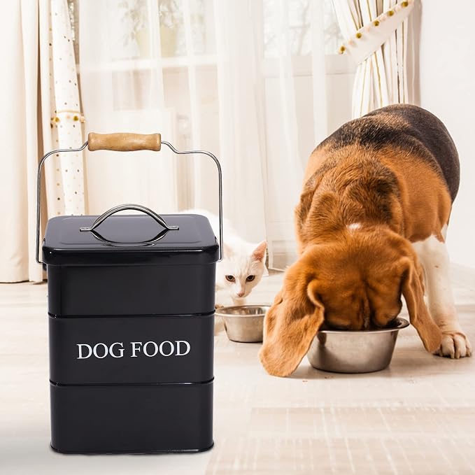 Geyecete Dog Treats tin and dog Food Storage Tin with Lid & with Spoon for dog Food Storage, Medium Pet Food Storage Can-Dog Food-Black