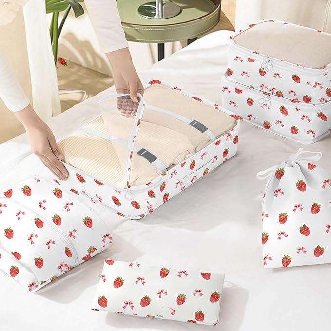 KPX 8 Set Packing Cubes for Travel, Luggage Packing Organizers Accessories Large Toiletries Bag for Clothes Shoes Cosmetics (Strawberry+Butterfly)