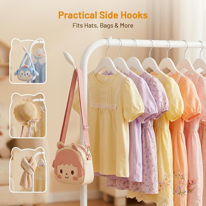 Kids Clothes Rack for Ages 3-6, Montessori Kids Clothing Rack, White | Kids Dress Up Rack with 2 Fabric Storage Shelves & Side Hooks, Toddler Wardrobe Rack for Costumes, Princess Dresses and Shoes