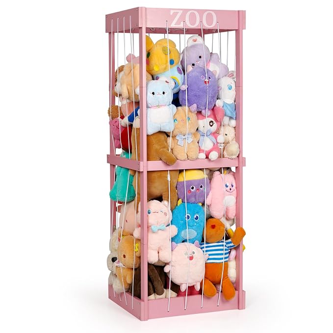Trycooling Wood Stuffed Animal Zoo Stuffed Animal Storage, Pink | Plushie Storage, Stuffed Animals Zoo Storage Cage with Zoo Pattern Elastic Band for Nursery Play Room Bedroom