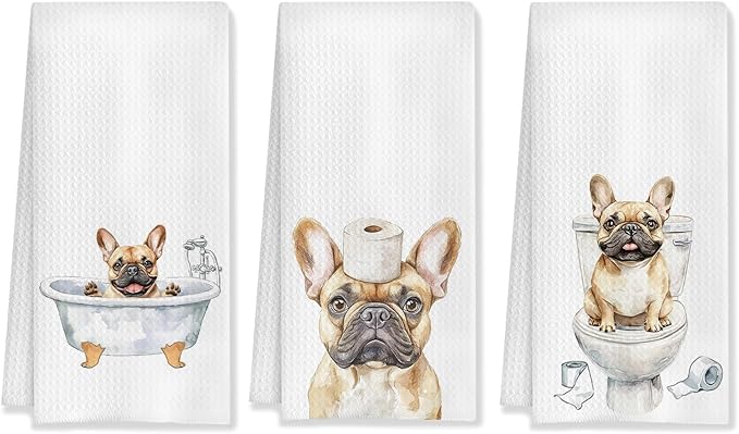 Funny French Bulldog Bathroom Decor Hand Towels Set of 3, French Bulldog Mom Gifts, Gifts for Bulldog Lovers, Kids Dog Bathroom Decor, 16x24 Inch