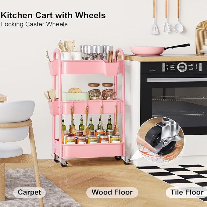 3 Tier Rolling Storage Cart Metal with Wheels, Pink Three Tiered Craft Cart Organizer on Wheels, Utility Carts for Baby Nursery, Diaper Caddy, Art, Book, Snack, Nail, Makeup, Bathroom Supplies, Mesh