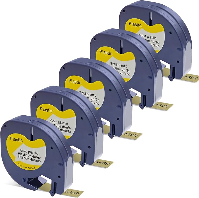 Compatible with LetraTag Refills Label 91337 Thermal Film Tape Cassette Compatible with DYMO Label Maker LT100H LT100T Plus,Black on Gold 1/2 Inch x 13 Feet 12mm x 4m,5Pack