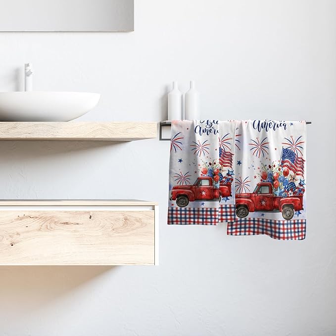 Giwawa 4th of July American Truck Hand Towels Set of 2 Independence Day Bath Towels Soft Absorbent Patriotic Holiday Decorative Fingertip Towels