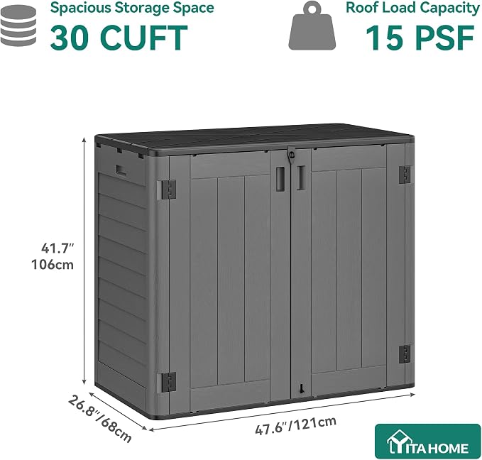 YITAHOME 30 Cu Ft Outdoor Storage Shed, Waterproof Storage Cabinet for Bike & Garden Shed, Horizontal Outdoor Storage Shed for Garage, Pool Storage, Dark Gray & Black