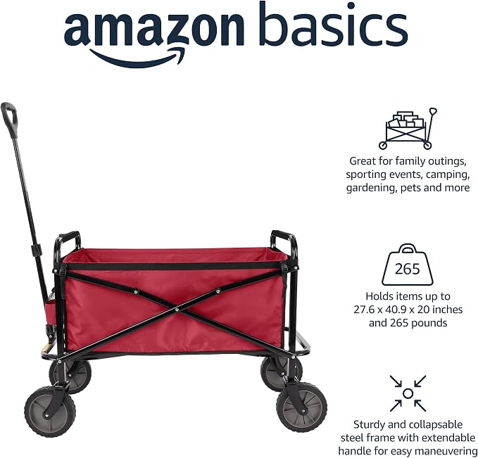 Amazon Basics Collapsible Heavy Duty Utility Wagon for Outdoor Sports, Camping, Garden, and Pets, Portable with Handle, 265 pounds Weight Capacity, 27.6 x 40.9 x 20 inches, Red