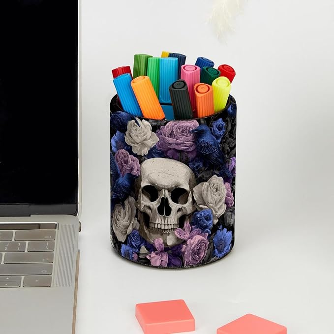 Faux Leather Pen Holder for Desk, Pencil Organizer Skull and Bird Pen Cup Desk Decor Makeup Brush Holder Storage for Office Home
