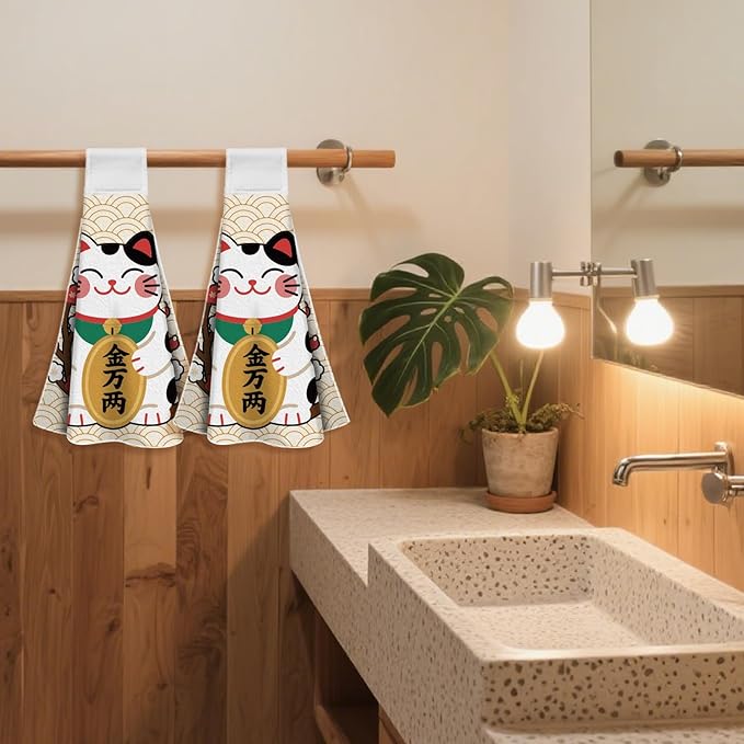 CUTHOLLOW Japanese Lucky Cat Hanging Kitchen Towels with Loop, Set of 2 - Soft & Super Absorbent Microfiber Decorative Hanging Dish & Hand Towel, Tea, Coffee Towel for Kitchen Bathroom Oven Handle