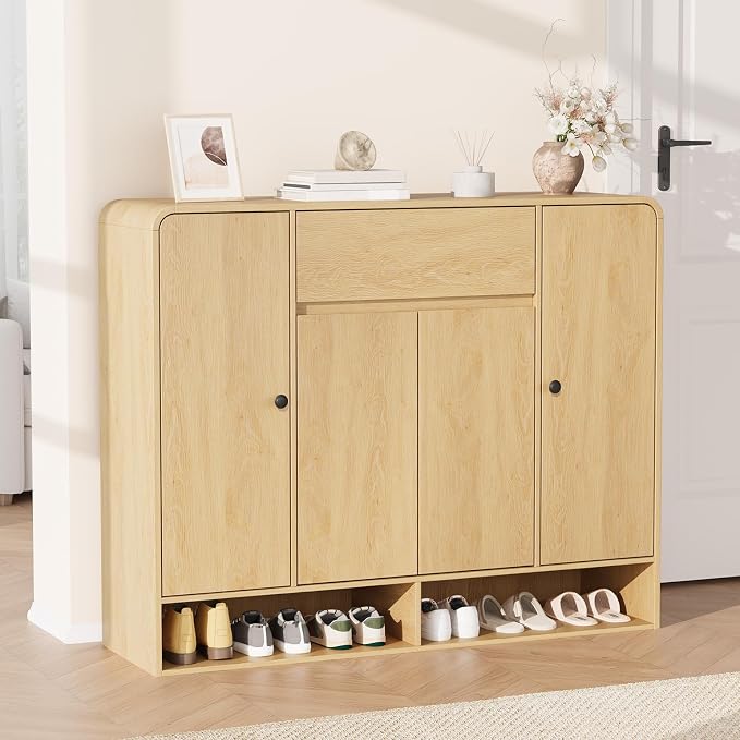 Garvee Shoe Cabinet with 4 Doors and 1 Drawer, Freestanding Wood Shoe Storage Organizer with Open Bottom Shelf, Modern Entryway Shoe Cabinet for Hallway, Foyer, Natural Oak