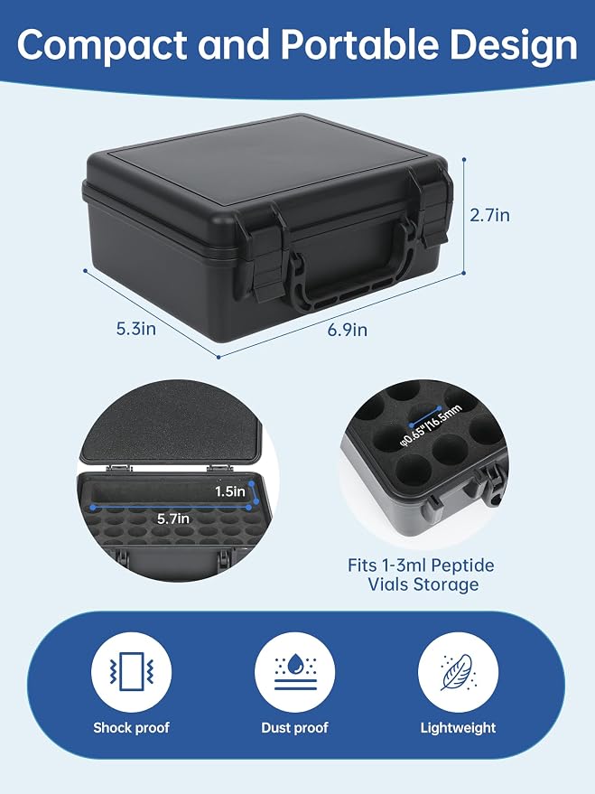 3ml Peptide Case for Fridge+Space for Peptide Injector & Needles 32-Slot | Larger Capacity, Shock-absorbing EVA Foam, Portable Handle, Small Size, Waterproof Material, Sturdy Double Lock Buckle
