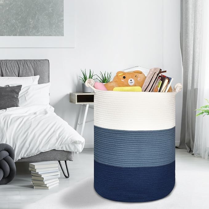 COMSE Tall Woven Blanket & Laundry Basket, 72L, White & Blue | 15.7”x 21.7”, Cotton Rope, Large Nursery Hamper for Storage of Toys Clothes Towels, Great for Living Rooms Bedrooms Bathrooms