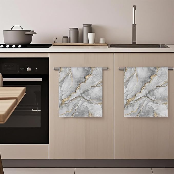 White Marble with Gold Veins Hand Towels,Set of 2 Absorbent Bath Towel Kitchen Dish Towel Home Gym Hotel Bathroom Decor,16x24 Inches
