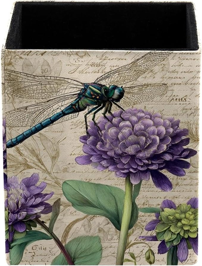 Dragonfly Retro Pen Holder for Desk Decor, Rectangular PVC Leather Pencil Cup for Desk Pen Organizer, Makeup Brush Holder for School, Home, Office