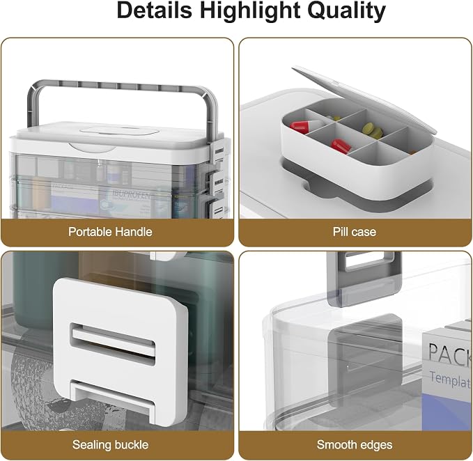 4 -Tier Medicine Organizer, Portable Medicine Cabinet Organizer with Plastic Handle, Multipurpose Medical Case Storage Box Empty First Aid Kit for Home and Outdoor