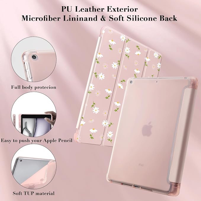 Cute Kawaii Floral Case for 13" iPad Air(2024), Clear TPU Smart Stand Back Cover with Pencil Holder, Auto Wake/Sleep Foldable Shockproof Protective Case
