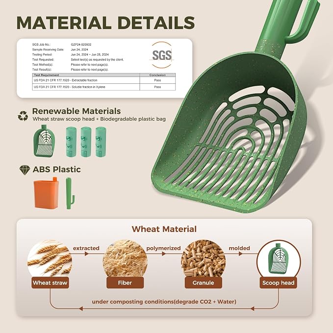 MUTTROS Cactus Cat Litter Scoop with Holder, Green | 3 Rolls; Wheat straw plastic; ABS handle
