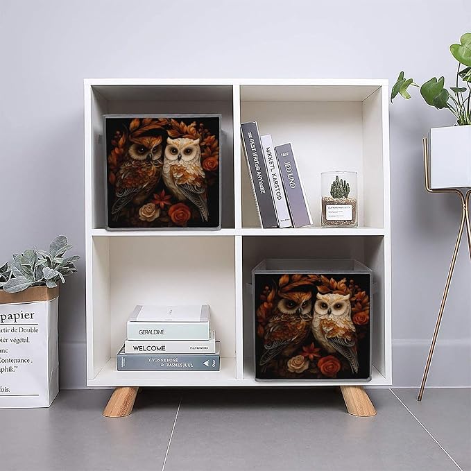 Owl Foldable Storage Bins, 10.6" Cube Storage Organizer, Sturdy Oxford Cloth Fabric Baskets for Closet, Shelf, Nursery, Bedroom, Decorative Printed Box for Toys & Clothes