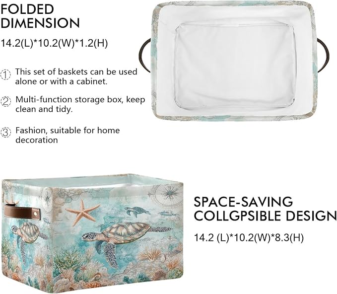 Sea Turtle Storage Basket Fabric Storage Bin Nautical theme Baskets Coastal Starfish Foldable Storage Boxes Organizer Bag for Baby Cloth Dog Toy Book Storage Cubes Shelf Closet Basket 16×12×8 Inches