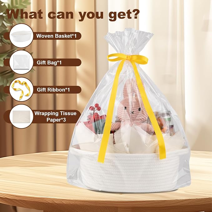 OIAHOMY Gift Basket with Handle, Small Woven Basket with Gift Bag, Ribbon and Wrap Tissue Paper, Nursery Bins Empty to Fill with Small Items, Baby, Pet Toy Organizer - White