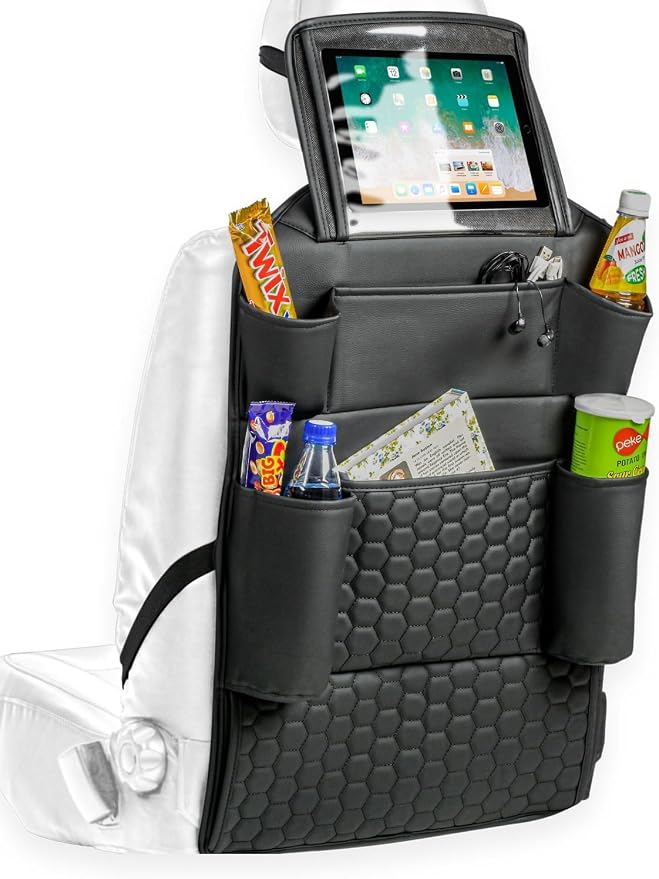 Owleys Back Seat Organizer for Kids with Tablet Holder, 8 Pockets, Black | Hanging faux leather car backseat organizer with a clear tablet pocket. Doubles as a kick mat. Needs removable headrests.
