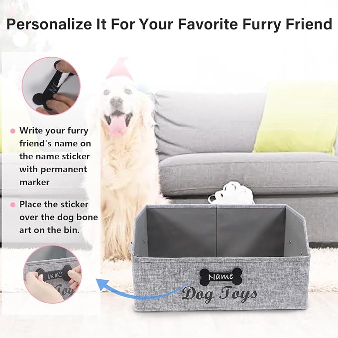 Geyecete dog toy basket Large dog toy bin dog toy box storage box-Foldable Fabric Trapezoid Organizer Boxes with Handle,Can be Personalized for Dog Toys (Gray-DOG)