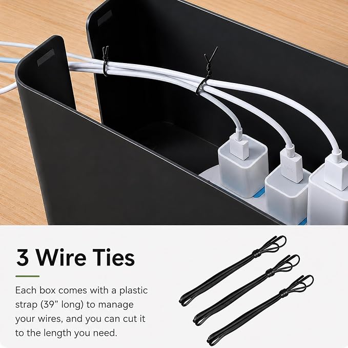 [Set of 3] 3 Cable Management Boxes + 3 Wire Ties, Large Cord Box Organizers to Hold and Hide Power Strip Charger Adapter Power Cord Charging Station USB HUB (Black)