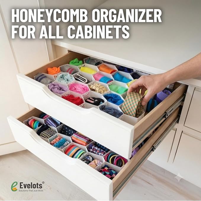 Evelots 4-Pack Honeycomb Drawer Organizers, 112 Cells, Expandable Dividers | Expandable modular dividers create 112 cells for socks, underwear, bras and baby clothes in home, RV, dorm or closet drawers.