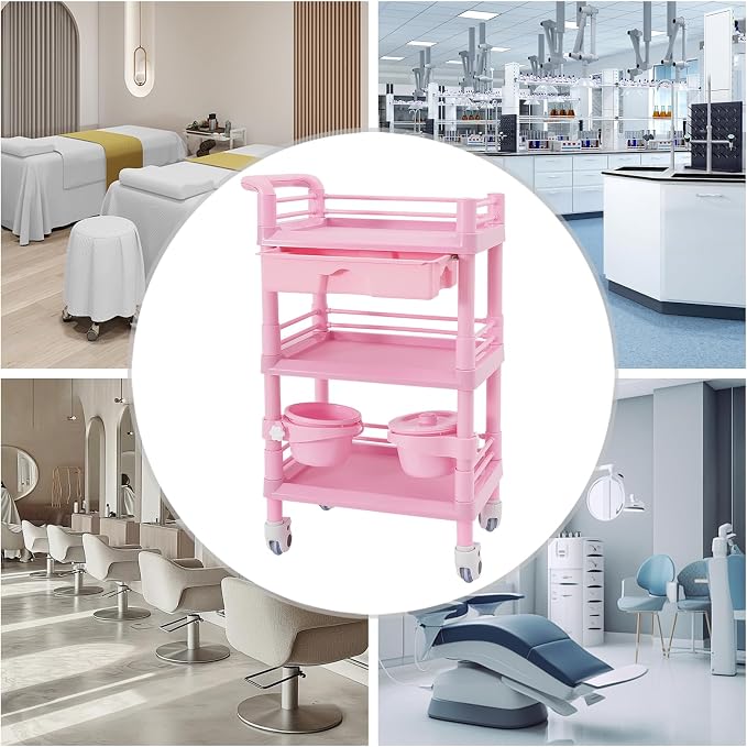 Mobile Salon Storage Cart with Wheel and Drawer, Portable 3-Tier Professional Trolleys, 176 Lbs Load Utility Tool, for Barber Stores, Spas, Homes, Beauty Store, Pet Shops (Pink)