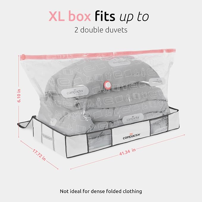 Compactor Under Bed Vacuum Storage Bag with Semi-Rigid Box, Closet Organizer, Vacuum Seal Bags for Clothing and Bedding, Fits All Vacuum and Nozzle Types, 190L, White, XL