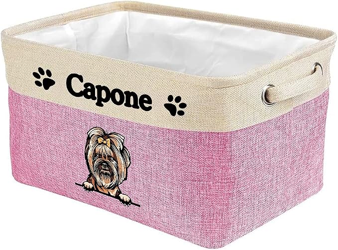 Personalized Fabric Dog Toy Storage Basket with Lovely Dog Yorkie Collapsible Sturdy Fabric Pet Toys Storage Bin Cube with Handles for Organizing, Pink and White