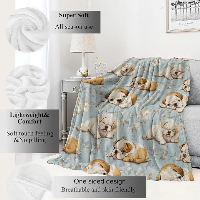 English Bulldog Blanket,60x80in,Cute Dog and Blue Floral Throw Blankets,Birthday Gifts for Kids Adult & Pet Lovers, Lightweight Soft Fleece Cozy,for Sofa Couch Bed Room Modern Decor