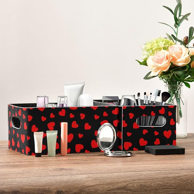 Emelivor Valentines Hearts Black Storage Basket Bins Set (2pcs) Felt Foldable Storage Bins with Dual Handles Dog Basket for Office Bedroom Closet Babies Nursery DVD Laundry