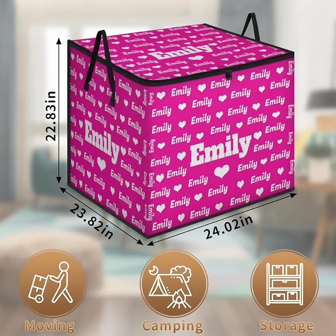 Custom Storage Baskets Cubes for Home with Name, Rosy Pink Background Love Hearts Large Foldable Organizer Collapsible Storage Bins for Home Blanket Comforters Clothes Closet Nursery