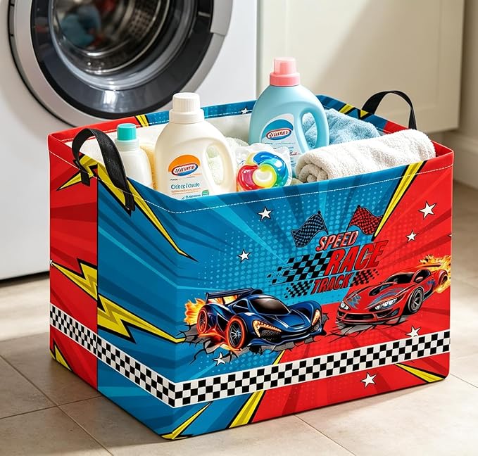Rectangle Storage Basket with Handles,Collapsible Storage Bin,Books Box,Gift Basket(Red vs. Blue Racing)