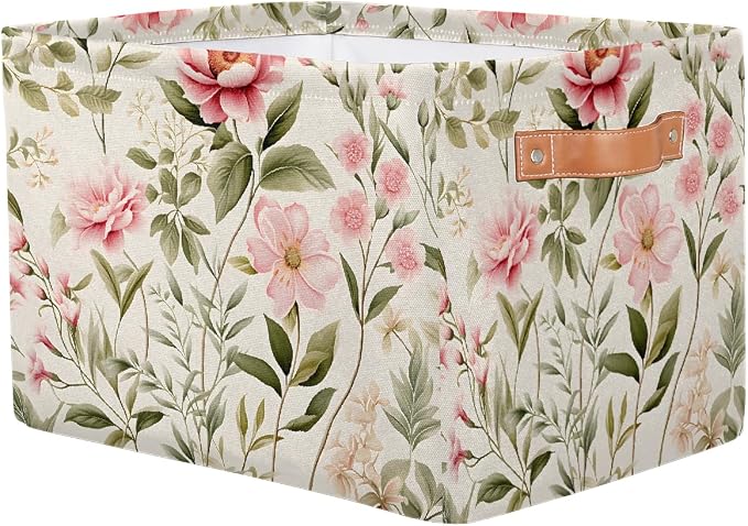 Wild Rose Flower Floral Rectangular Storage Bin Collapsible Storage Basket Organizer Boxes with Leather Handle Storage Cube for Shelves Toy Laundry Nursery 1 PC