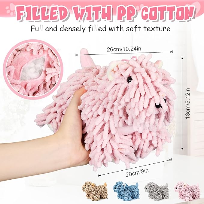 Tegeme 4 Pcs Chenille Dog Hand Towel Fuzzy Dog Towel Absorbent Microfiber Soft for Bathroom Kitchen Washstand (Gray Brown Pink Blue)